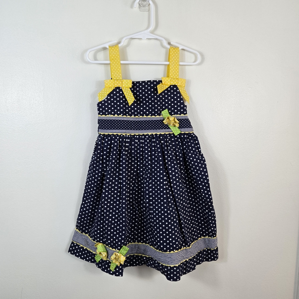 Blueberi Boulevard Girls Navy Yellow White Polka Dot Nautical Sundress‎ Dress 5T